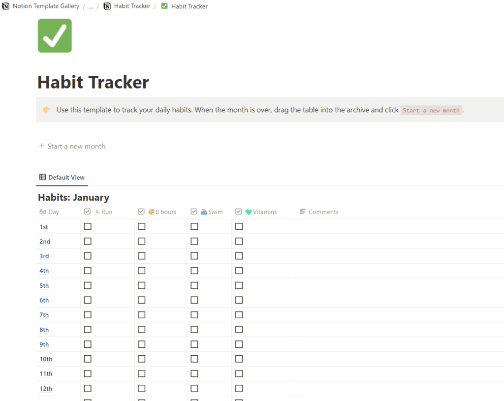 Habit tracker w Notion